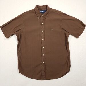 Ralph Lauren Button Down Shirt Men Large Brown Linen Cotton Classic Short Sleeve